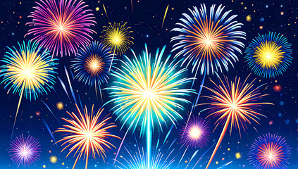 a vibrant cityscape photograph featuring a nighttime skyline with a series of large, colorful fireworks exploding in the sky. The fireworks display a range of colors,