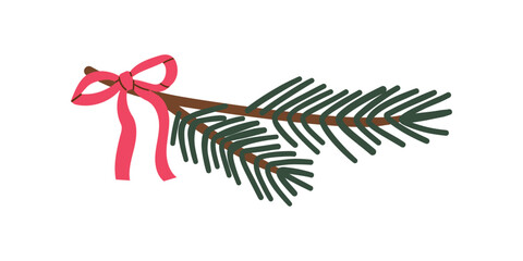 Pine tree branch with bow , flat vector illustration. Fir twigs with green needles isolated on white background. Winter holiday evergreen decoration, spruce or cedar elements,