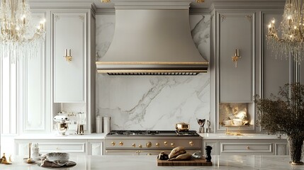 Elegant silver kitchen hood in a luxurious kitchen with marble countertops, chandeliers, and gold accents