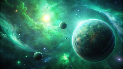 Obraz premium Wide-angle view of planet and spherical objects in nebula with green light