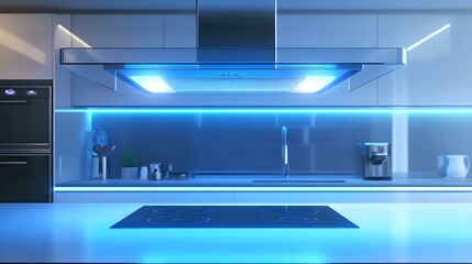 Obraz premium High-tech glass kitchen hood in a futuristic kitchen with smart appliances, LED touch controls, and sleek minimal surfaces