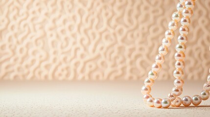 A strand of pearls draped over a textured surface, reflecting soft light and highlighting their luster and elegance.