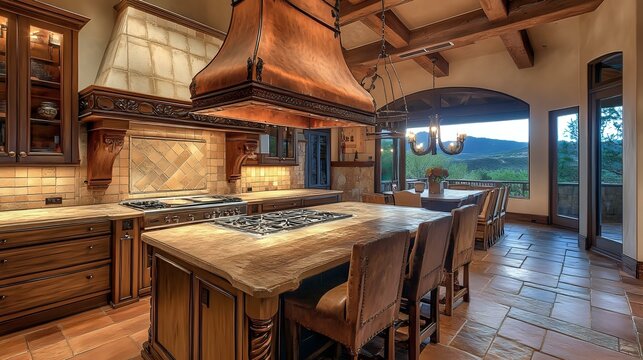 Island-style copper kitchen hood with a matte finish, in a Mediterranean kitchen with terracotta tiles and warm lighting