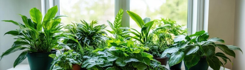 Obraz premium A collection of various indoor plants arranged on a windowsill, showcasing greenery and vitality.