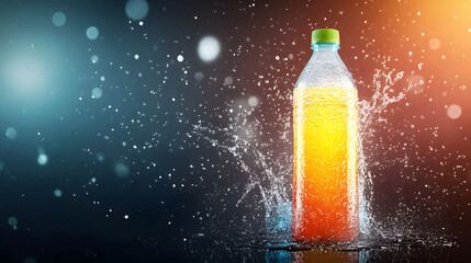 Refreshing sports drink bottle with vibrant splash and colorful background