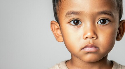 A close-up portrait of a young boy with a serious expression, showcasing his dark eyes and smooth skin against a neutral background.