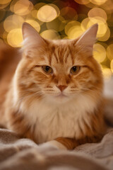 A photo of a beautiful red cat in a Christmas garland.
