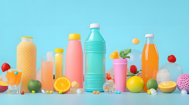 Fresh and colorful assortment of sports drinks and fruity beverages