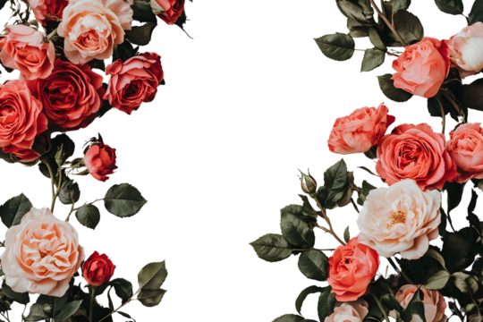 Frame with roses on the white or transparent background. 