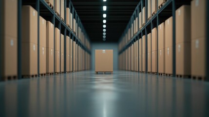 Fototapeta premium Rows of neatly stacked boxes in a well lit modern and organized warehouse interior with a deep depth of field creating a minimalist and efficient storage and logistics concept