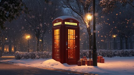 Snowy Night Scene with Red British Phone Booth and Falling Snow
