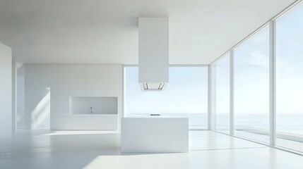 Fototapeta premium White island kitchen hood in a minimalist all-white kitchen, with clean lines and a bright, airy atmosphere