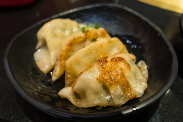 Golden Crusted Gourmet Dumplings Served in Elegant Black Dish - Perfect Image for Culinary Websites
