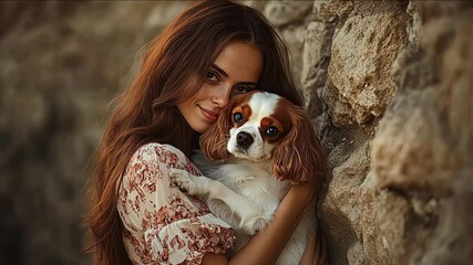 Adopted dog from a shelter hugged by a beautiful teen girl