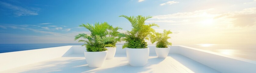 Obraz premium A serene outdoor space featuring potted plants against a bright sky and ocean backdrop.