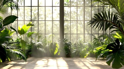 A sunlit indoor space filled with lush greenery and plants, creating a serene atmosphere.