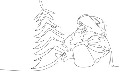 Outlined Cute Santa Claus Cartoon Character With A Sack Full Of Gifts. Vector Hand Drawn Illustration. One continuous line drawing Santa Claus on reindeer and sled. concept for Christmas and New Year