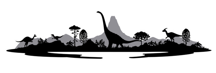 Monochrome prehistoric dinosaur silhouettes. Vector dino animals and reptiles on jurassic forest trees and mountains background. Titanosauria, velociraptor, lambeosaurus, parasaurolophus silhouettes © Vector Tradition
