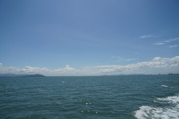 sea, boat, ship, water, ocean, sky, travel, transport, beach, ship, summer, island, cargo, 