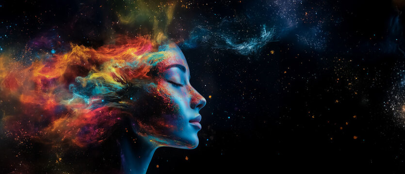 Digital artist's face emerges in space, surrounded by swirling colors, depicting creativity and artistry in a cosmic digital landscape.