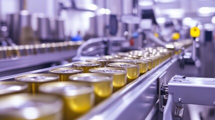 Fototapeta premium Food production line transporting sealed tin cans along conveyor belt.