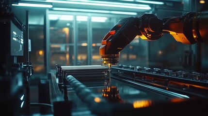Fototapeta premium Robotic arm working on assembly line in modern factory.