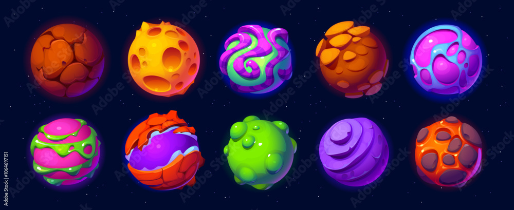 Poster cartoon fantasy galaxy alien space planets on night sky background, vector game ui. outer space plan