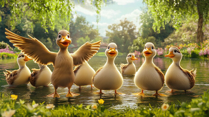 Fototapeta premium Group of animated ducklings by pond 