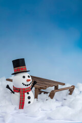 A happy snowman in a top hat and scarf, arms up and ready for winter fun! Posing with a sled on a snowy background and bright blue sky.