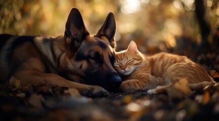 Un chien de race berger allemand à poil long et un chat allongés ensemble sur le sol, dormant profondément, thème de couleur automnal.
