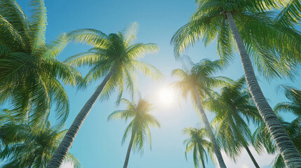 A vibrant view of palm trees reaching towards a bright blue sky with sunlight filtering through the leaves for travel.