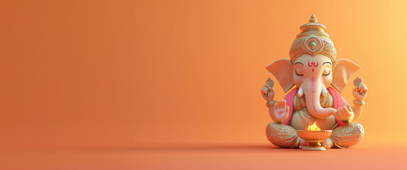 Close up photo of Lord Ganesha with a diya (oil lamp) a lot of copy space on the left