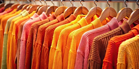 Obraz premium Vibrant display of knitted sweaters in shades of orange, yellow, and pink on clothing rack for autumn shoppers , autumn