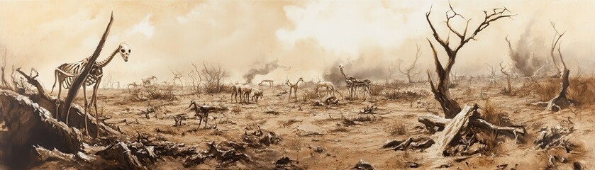 A desolate landscape featuring giraffes alongside dead trees and a dry, barren ground, capturing a scene of drought or environmental change.