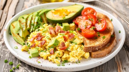 Scrambled Eggs with Avocado, Bacon, and Toast