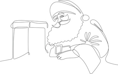 Outlined Cute Santa Claus Cartoon Character With A Sack Full Of Gifts. Vector Hand Drawn Illustration. One continuous line drawing Santa Claus on reindeer and sled. concept for Christmas and New Year