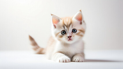 A cute kitten with cream and orange fur lying down and gazing curiously at the camera, capturing its adorable expression for animals.