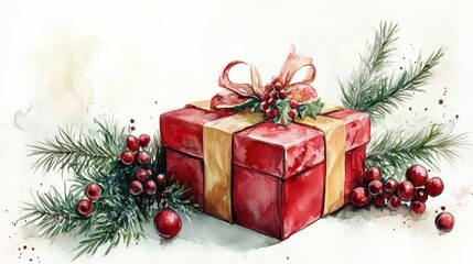 Elegant christmas gift box watercolor painting with red ribbon and pine branches
