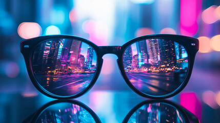 A close-up view of stylish sunglasses reflecting a vibrant cityscape filled with colorful lights, creating a modern and urban visual for lifestyle.