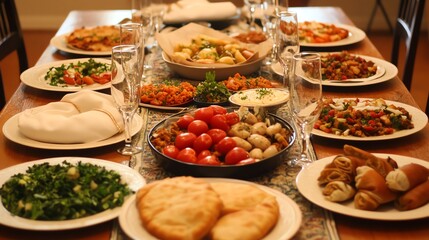 Delicious spread of various dishes on table