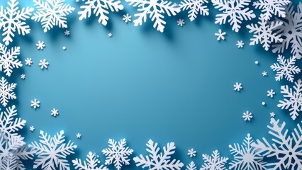 White snowflakes on light blue background. An origami-style winter scene. Christmas and New Year's postcard with copy space