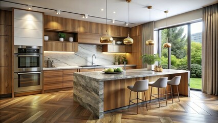 Contemporary kitchen featuring natural wood and marble surfaces, kitchen, contemporary, , design, interior