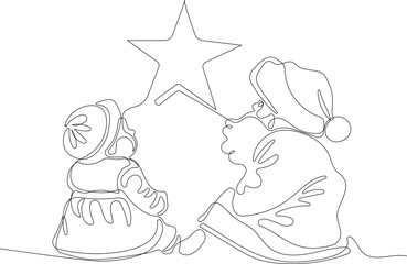Outlined Cute Santa Claus Cartoon Character With A Sack Full Of Gifts. Vector Hand Drawn Illustration. One continuous line drawing Santa Claus on reindeer and sled. concept for Christmas and New Year