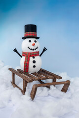 A happy snowman in a top hat and scarf, arms up and ready for winter fun! Posing with a sled on a snowy background and bright blue sky.