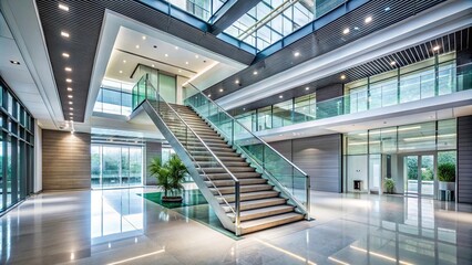 Obraz premium Stairs in modern building interior , staircase, architecture, interior design, steps, metal railing, handrail, contemporary