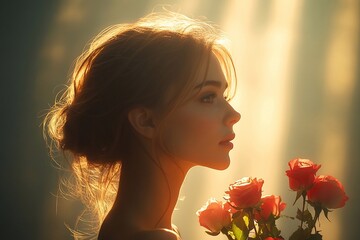 Naklejka premium Profile of a woman with a bouquet of roses, which is illuminated by the sun's rays, emphasizing her features.