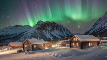 Snowy cabins bathed in the green glow of the aurora borealis, with snow falling and mountains in the background.