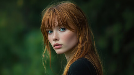 Naklejka premium A red-haired girl gazes thoughtfully in a lush green forest during golden hour