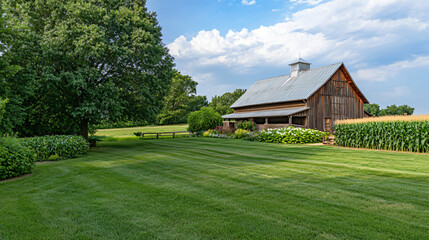 Obraz premium A charming rustic barn located next to a lush cornfield, representing the essence of country living.