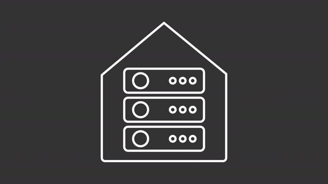 Data warehouse white line animation. Datacenter animated icon. Scaling dots. Database infrastructure. Isolated illustration on dark background. Transition alpha video. Motion graphic